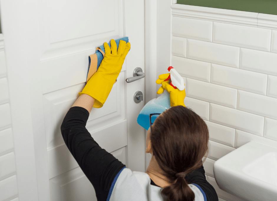 Deep cleaning bathroom door for Spring Cleaning