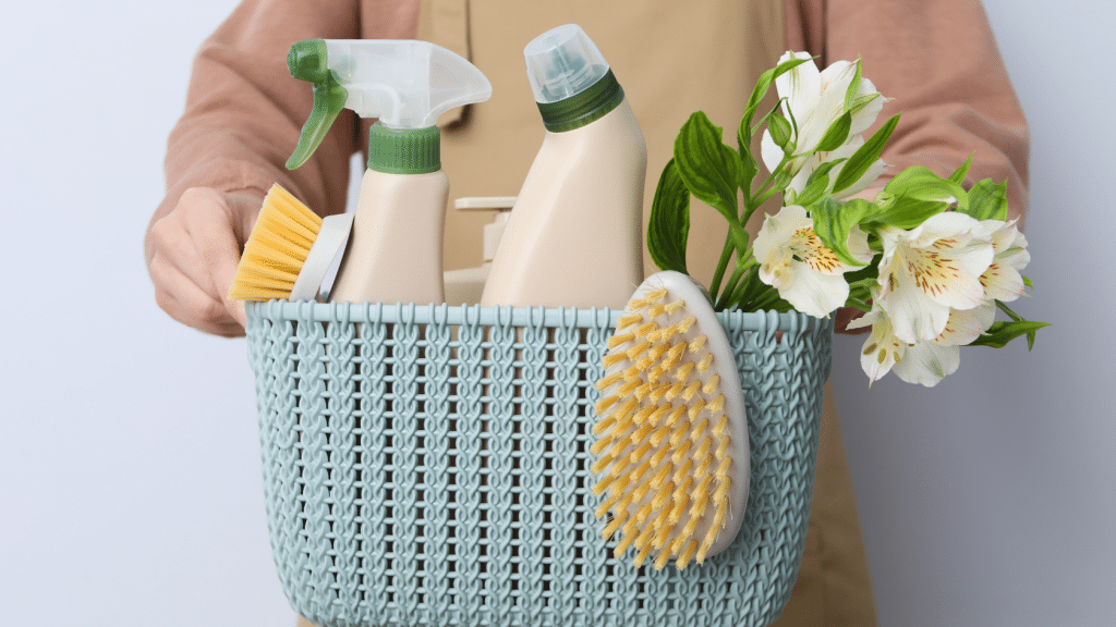 spring cleaning basket with flowers and cleaning supplies