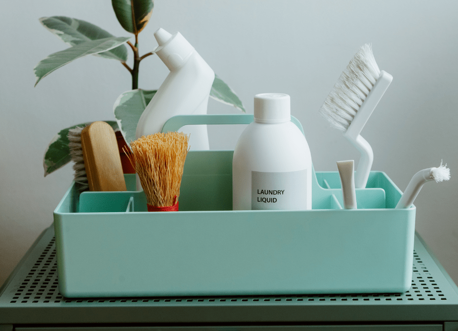 cleaning products in a bin