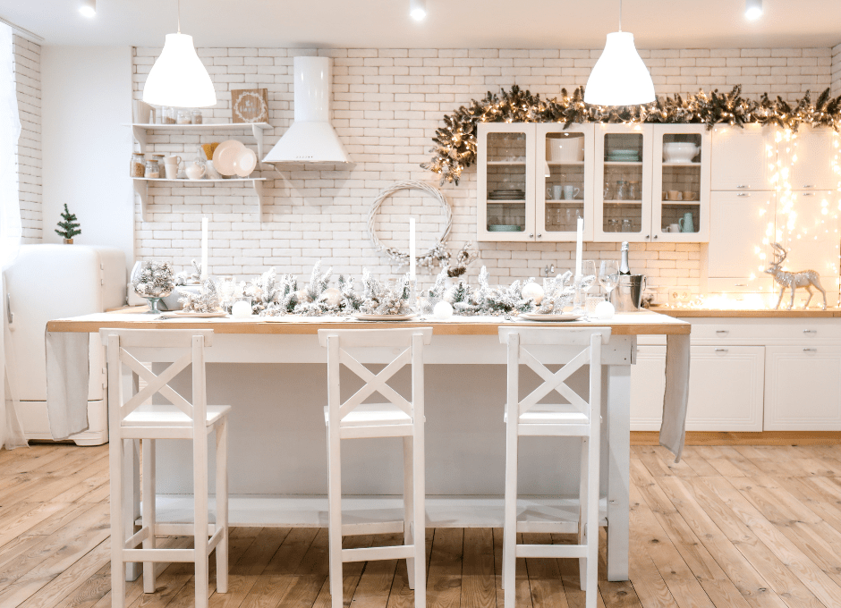 white kitchen decorated with Christmas decor