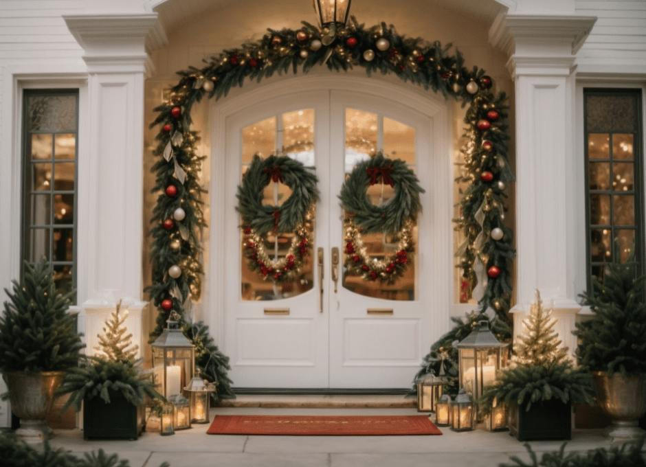 View of front doors to a large home decorated with Christmas decor