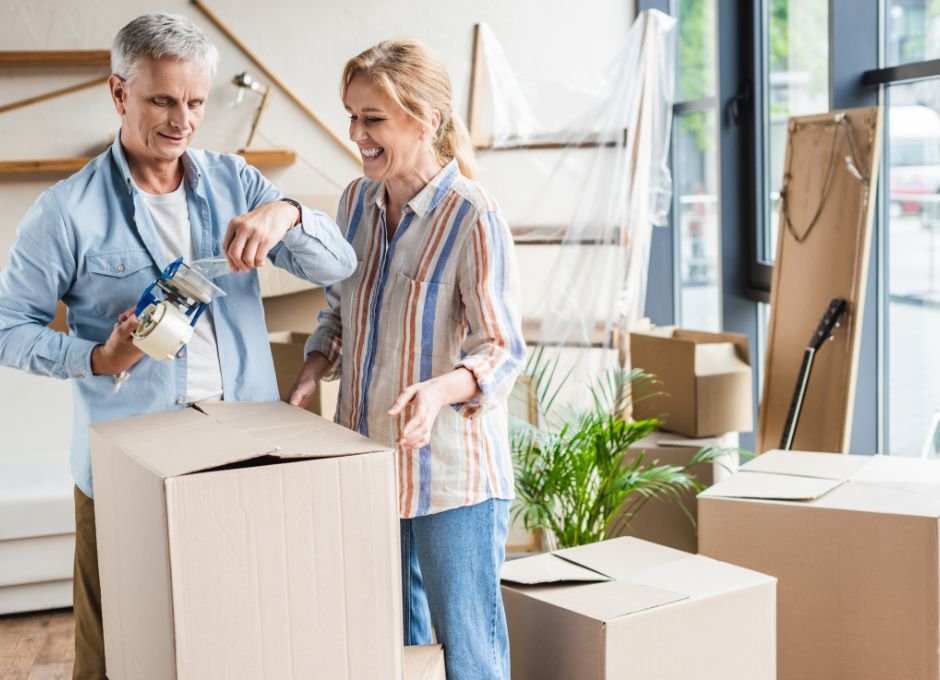 older couple packing and taping moving boxes to prepare space for move out cleaning