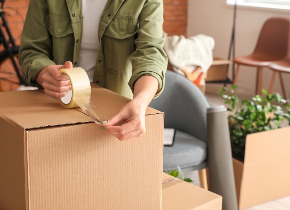 woman taping a moving box closed